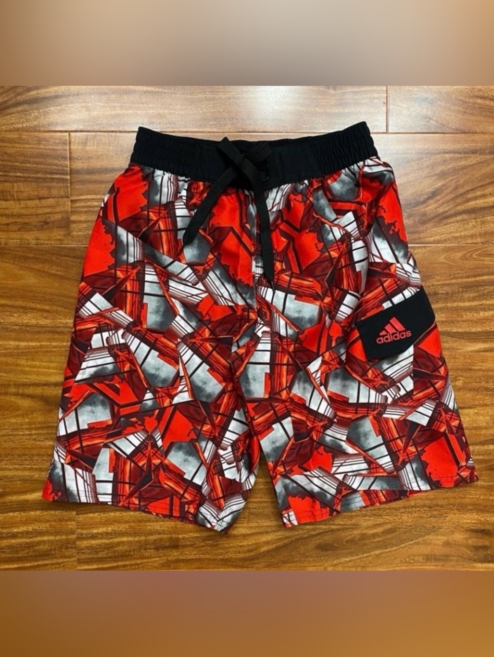 NWT New Adidas Boys Red Black Geometric Print Swim Board Shorts Vacation Size M